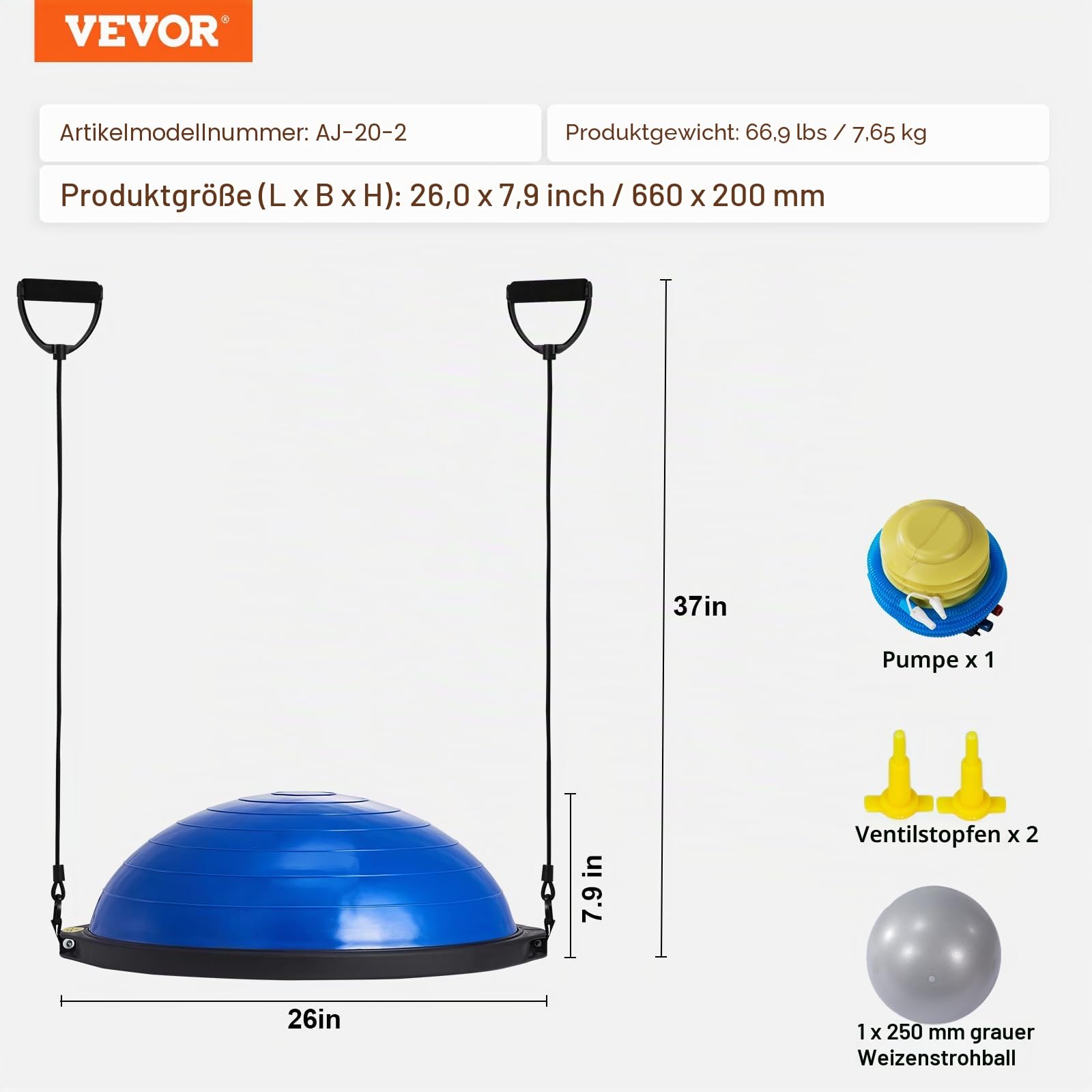 VEVOR Halb-Gymnastikball-Trainer, 66 cm Balance-Ball-Trainer, 680 kg Tragkraft Stabilitätsball, Yoga-Ball mit Widerstandsbändern und Fußpumpe, Kraft-Fitnessball im Heim-Fitnessstudio, Blau