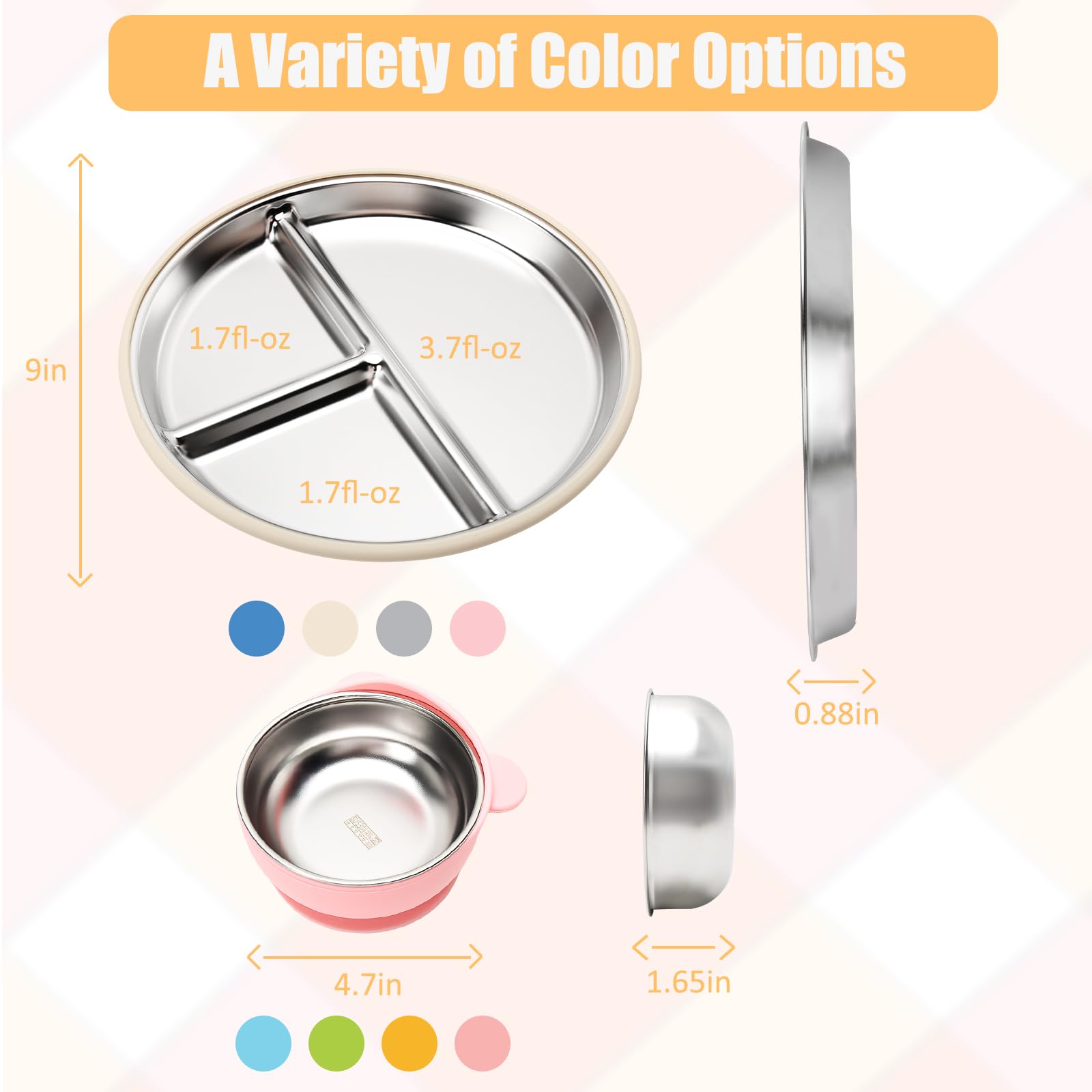 CLDY Ensemble de couverts pour bébé 4 pièces, Assiette pour tout-petits en acier inoxydable avec ventouse-Bol pour enfants, assiette compartiment bebe, Lavable au lave-vaisselle-antidérapant-sans BPA