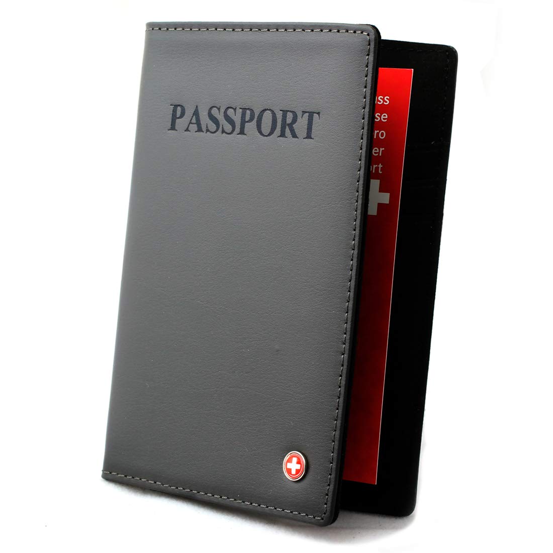 Leather Passport and Credit Card Holder RFID Blocking Bifold Travel Wallet …, Grey, 3 3/4 x 5 2/4 x 0.5", Passport Holder
