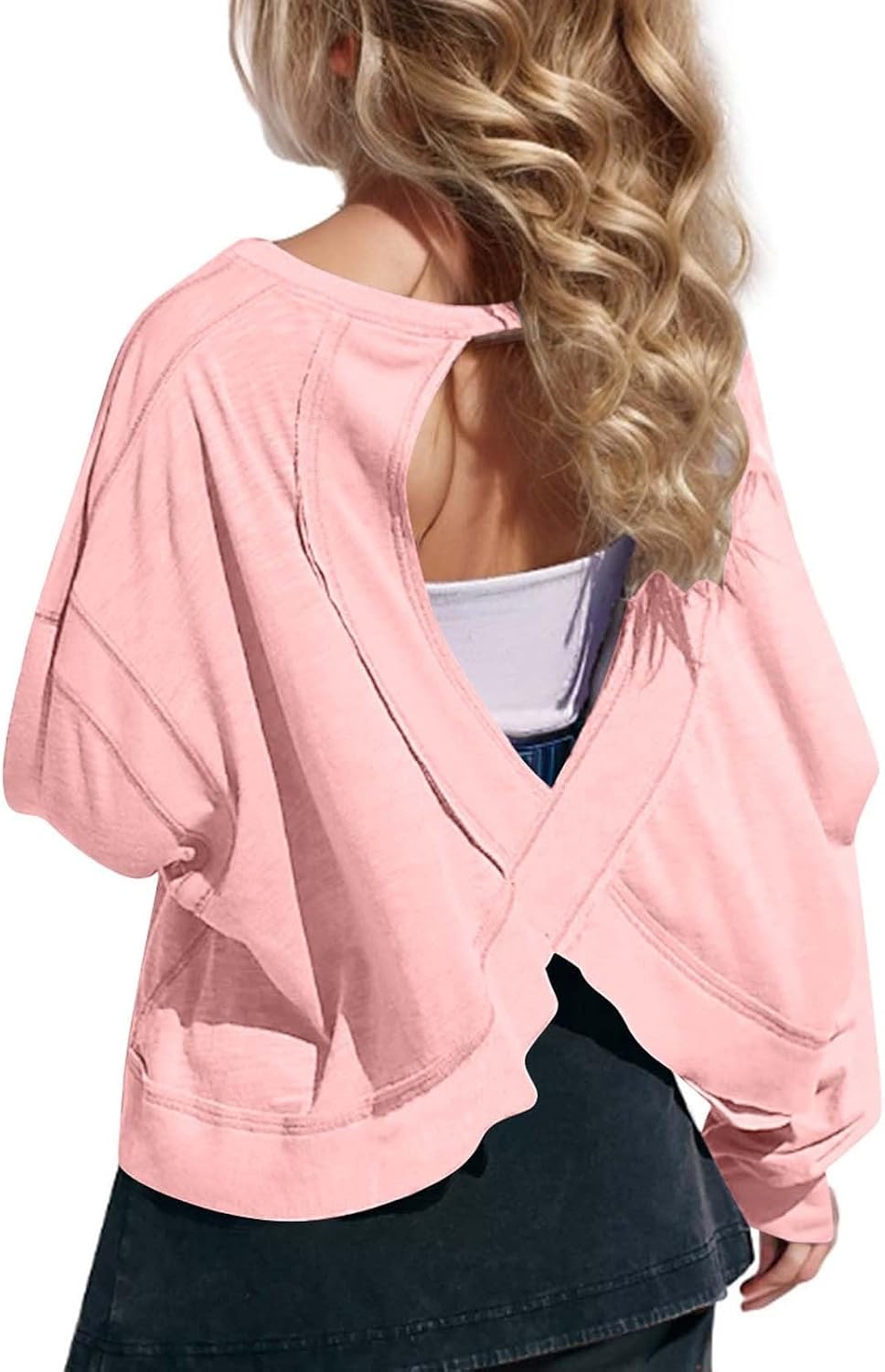 Girls Backless Top Open Back Workout Top Long Sleeve Oversized Blouse Volleyball Athletic Tees Loose Thin Crop T-Shirt