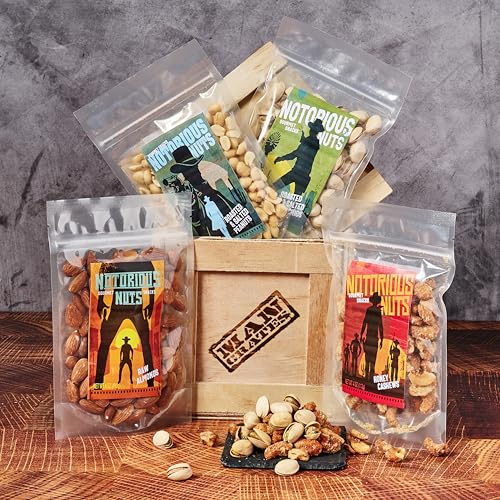 Man Crates Saloon Nuts Mini Crate – Includes Pistachios, Honey Cashews, Almonds, and Peanuts, Wooden Crate With A Laser-Etched Crowbar