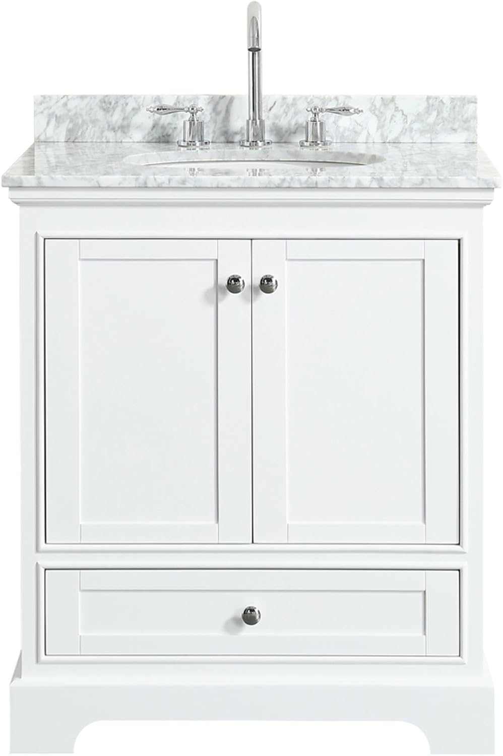 Wyndham Collection Deborah 30 Inch Single Bathroom Vanity in White, White Carrara Marble Countertop, Undermount Oval Sink, and No Mirror
