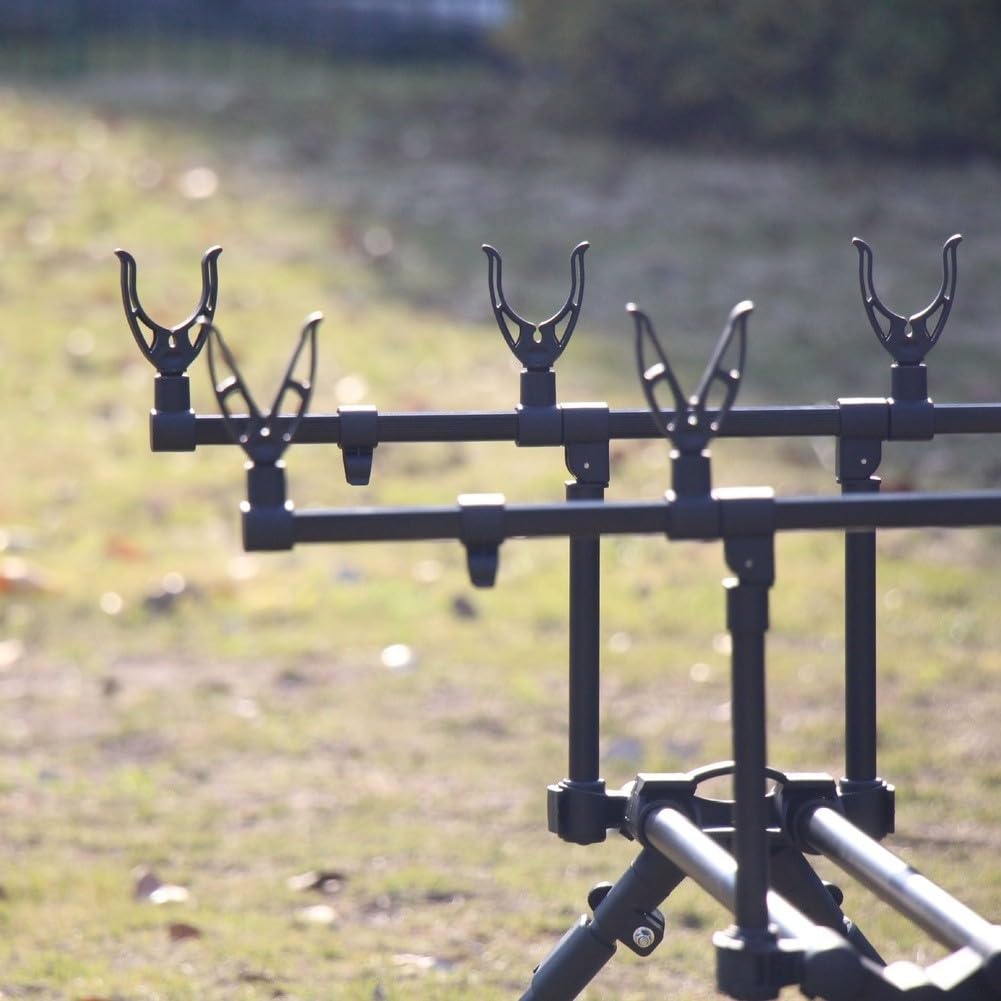Stojak na wędkę z 4 głowicami, uchwyt na wędkę karpiową ze stopu aluminium, z kolcem do ziemi, regulowany teleskopowy brzeg 68-120 cm i torba do przenoszenia karpia rzecznego
