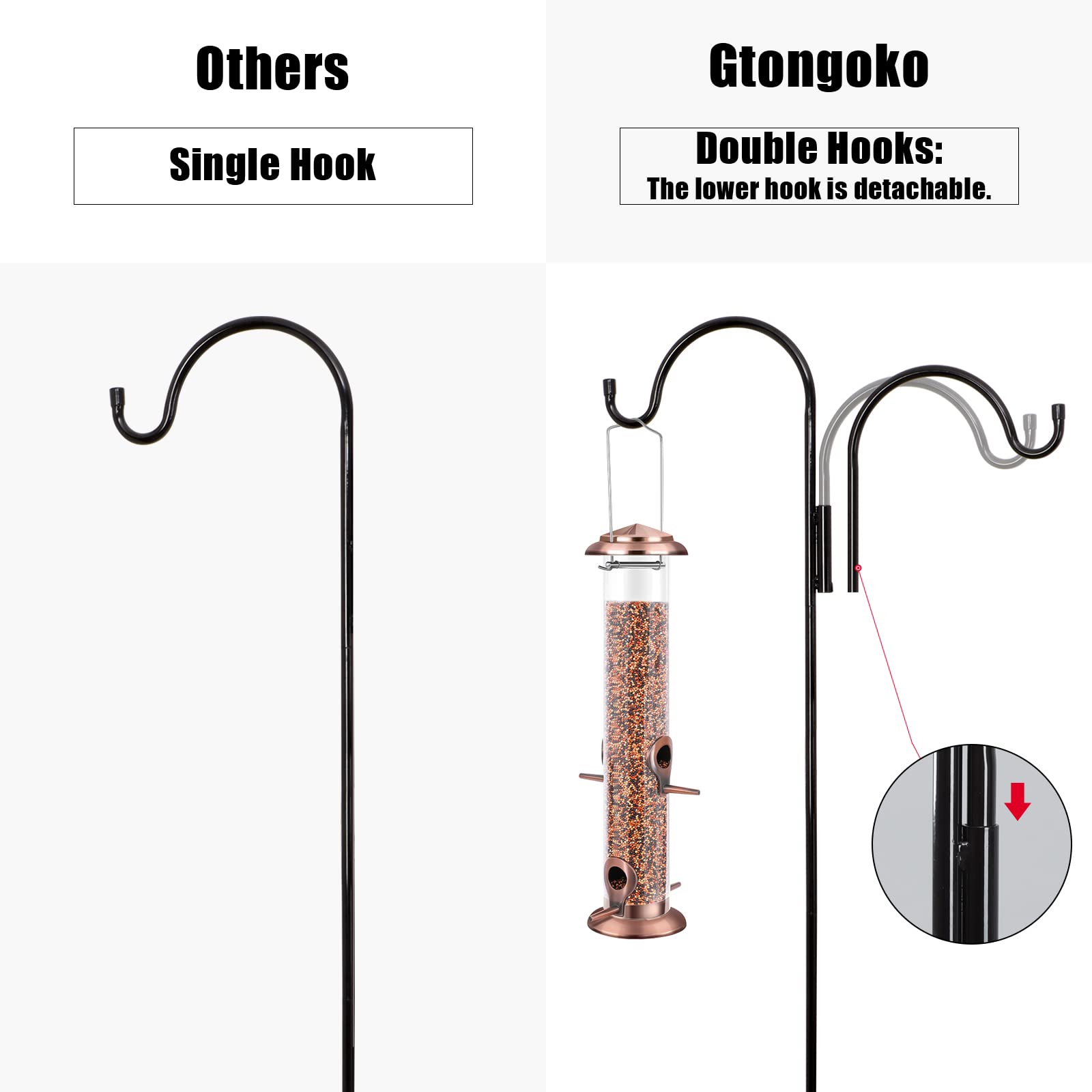 Gtongoko 92 Inch Adjustable Double Shepherd Hook with 5 Prong Base, 5/8 Inch Width Heavy Duty Shepherd Hook for Bird Feeder Lanterns Weddings Decor 1 Pack