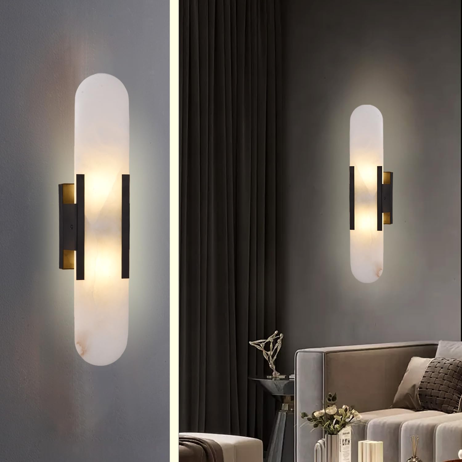 19.7" Alabaster Wall Sconce Natural Marble Sconce Indoor Mid Century Modern Wall Light Oval Stone Lampshade Vanity Light Fixtures for Living Room Bedroom Dining Room Hallway