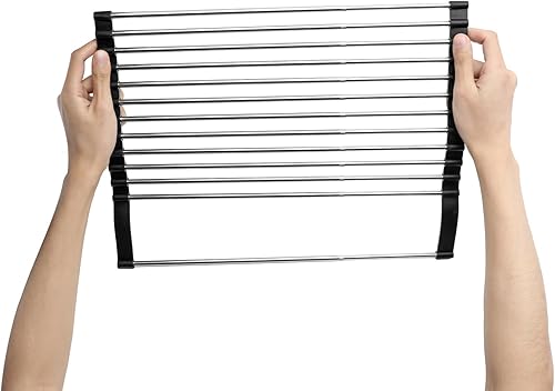 Miniatura 8 de Escurridor de platos enrollable extra grande, de acero inoxidable, plegable, con soporte extraíble para utensilios (12.8 a 22.8 pulgadas, color