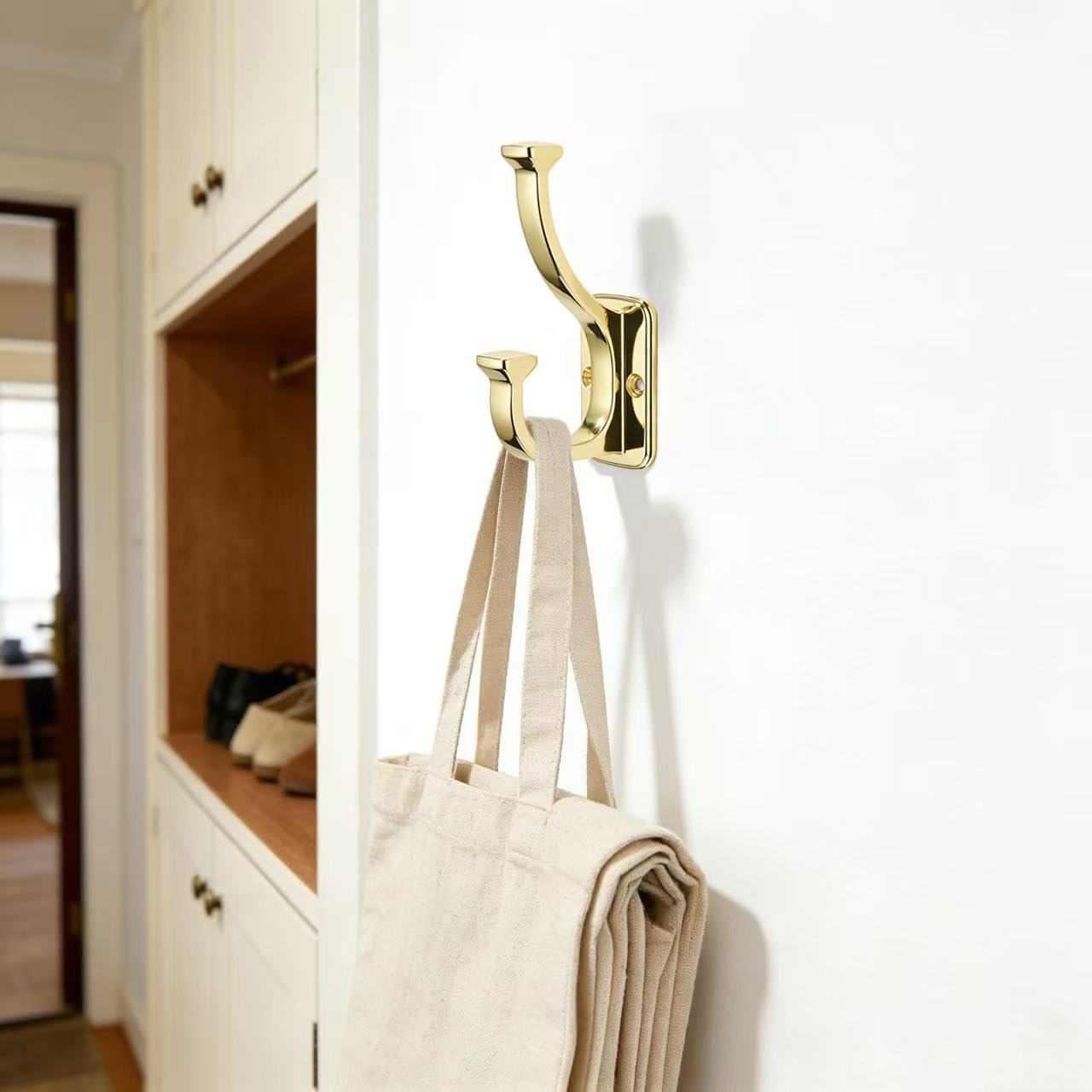 3 Pack 4-1/2inch Polished Brass Coat Hooks zinc Alloy mudroom Hooks, Strong Load-Bearing for Bedroom Entrance wall, Hanging Clothes Hanger Behind the Door, Bathroom Towel Robe Hooks image 3