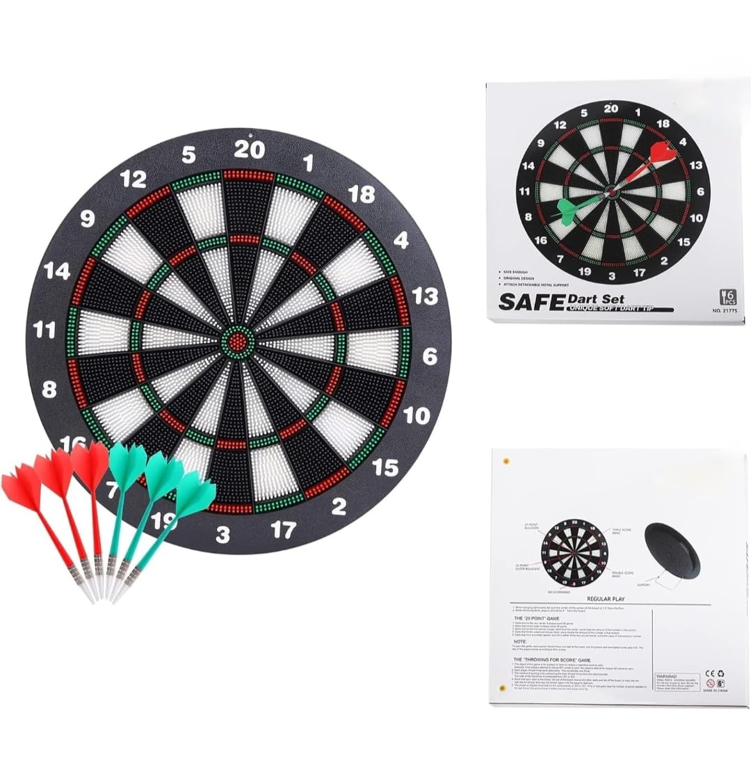 Safety Dart Board Set -16 Inch Rubber Dartboard Game with 6 Soft Tip Darts for Kids and Adults, Party, Office and Family Leisure Sport.