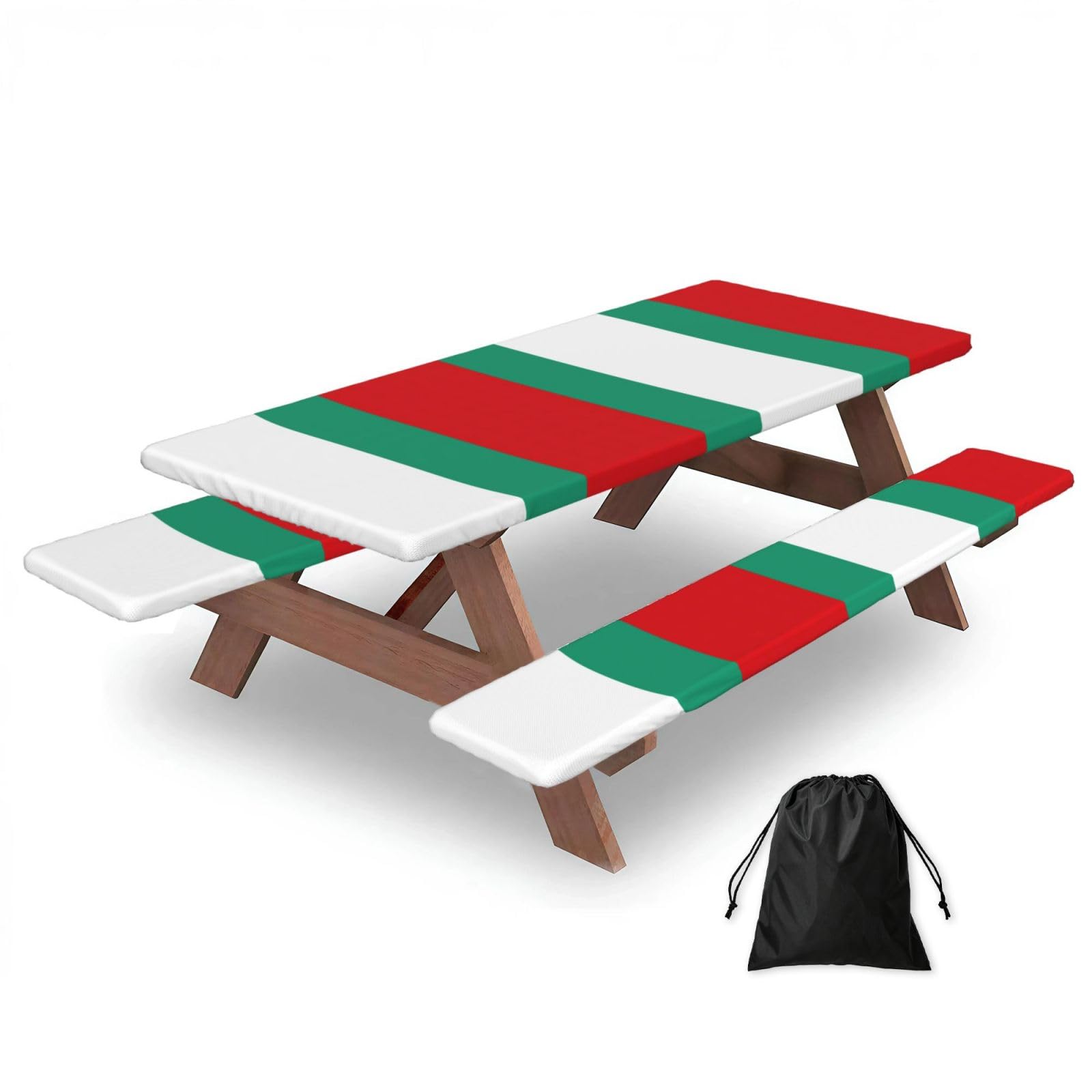 Duwaa Black Bulgarian Flag Print 183Cm Picnic Table Cover With Bench Covers, Waterproof Elastic Tablecloth Set For Outdoor
