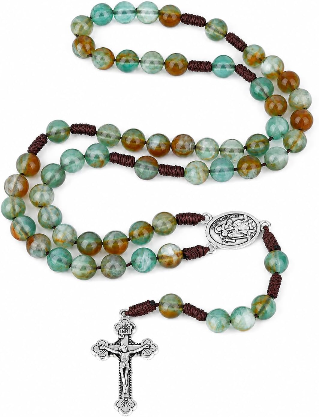NCPLYGOU 10mm Rosary Beads Catholic Necklace 18.5 Inch Agate Rosary Beads Catholic Necklace for Women/Men Handmade Braided Rosaries with Curcifix Cross and Holy Mary Medal(Green), Father's Day