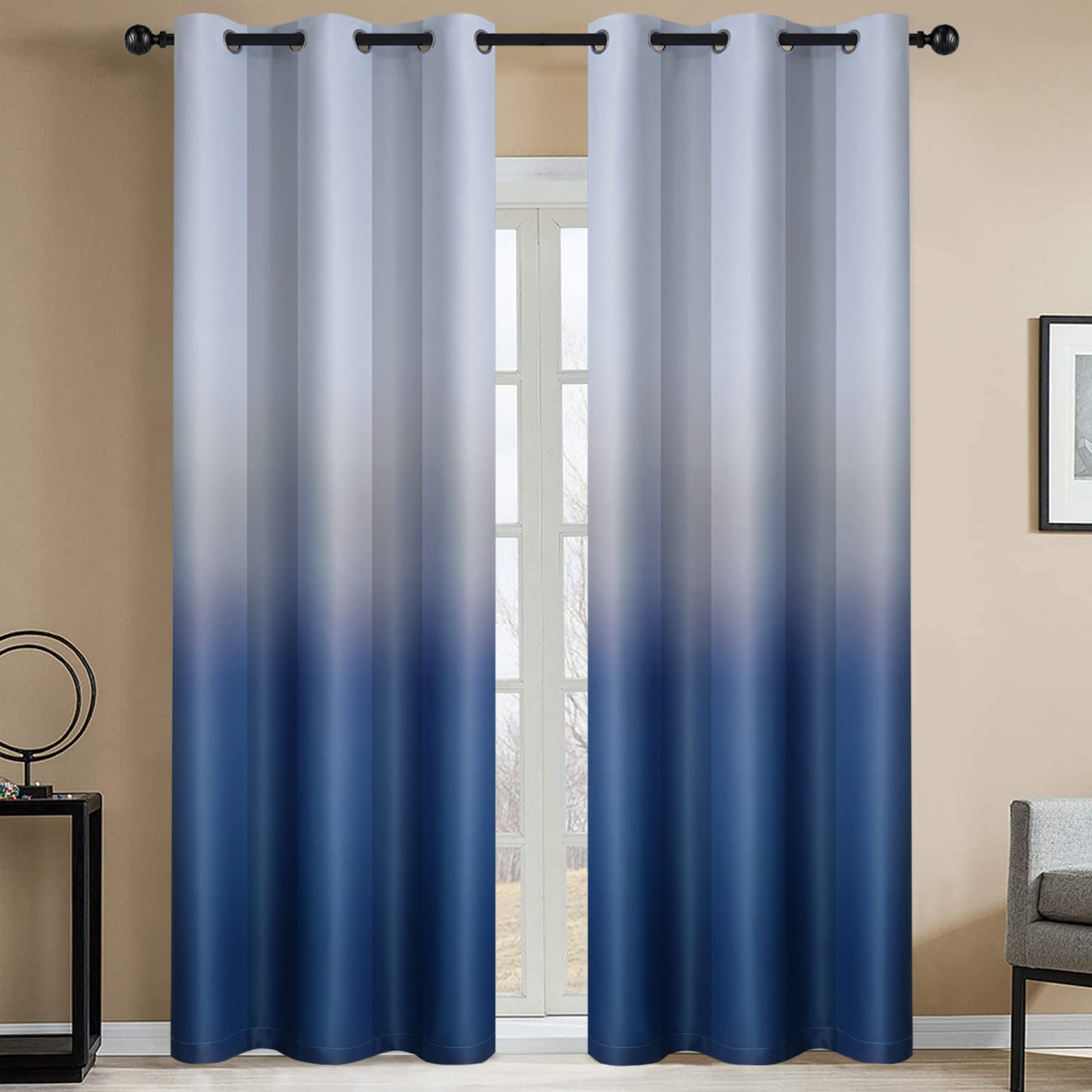 Yakamok Blue and Greyish White Ombre Curtains, Thermal Insulated Blackout Light Blocking Grommet Window Drapes, Room Darkening Gradient Color Curtains for Bedroom (2 Panels, 42x84 Inch)