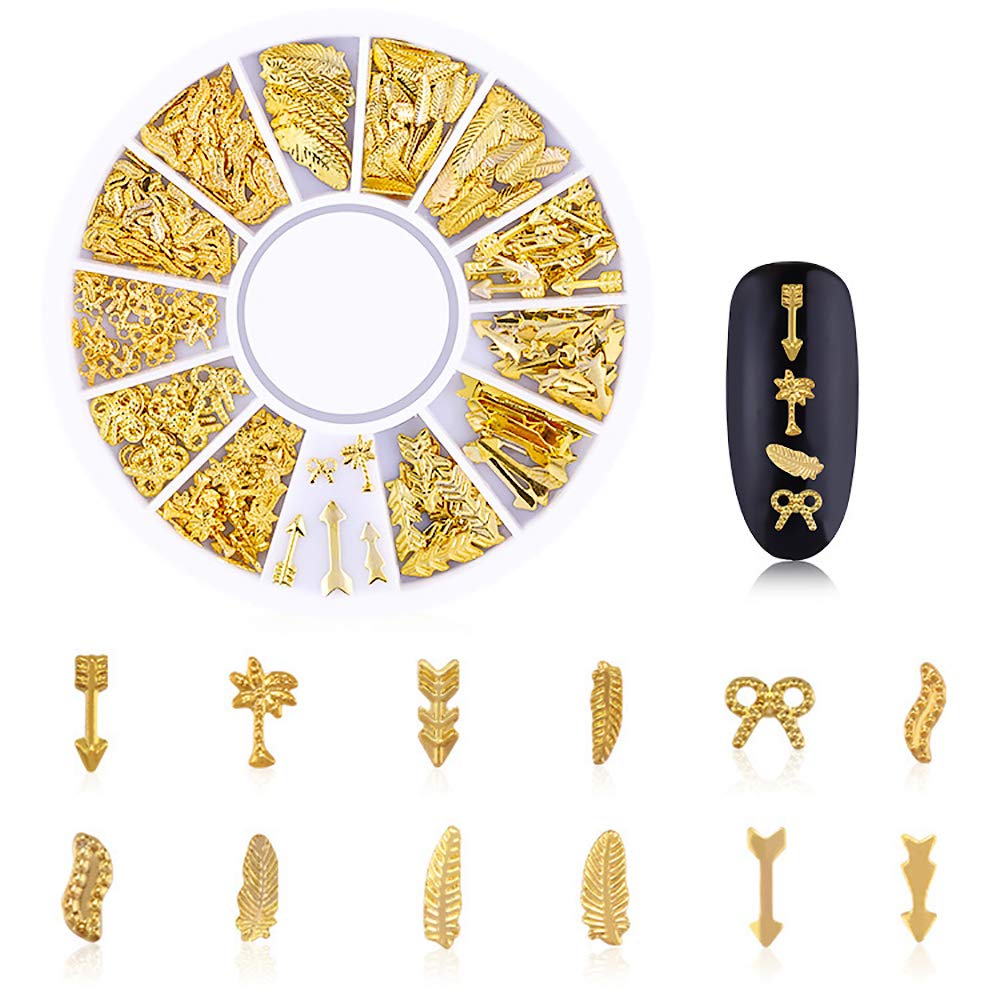 WOKOTO 6 Boxes Gold Metal Nail Studs Rose Star Moon Feather Nail Charm Kit 3D Nail Art Jewelry Decoration With 1Pc Tweezers And Picker Pencil : Beauty & Personal Care
