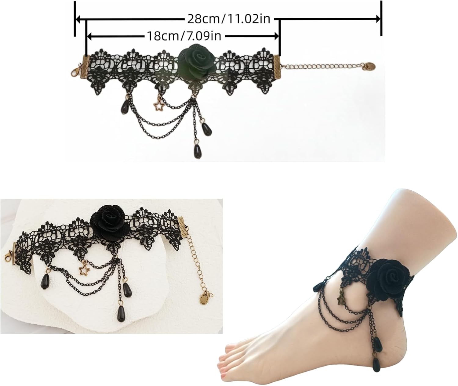 4PCS Black Roses accessories Vampire Costume Accessories with Gothic choker necklace bracelet thigh chain anklet for women - Image 5