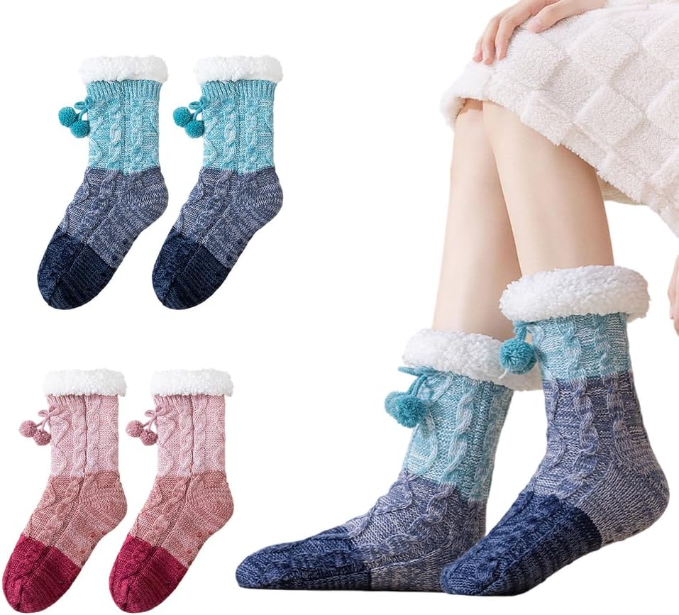 Womens Slipper Fuzzy Socks 2 Pairs Color Blocks Fluffy Winter Warm Cozy Plush Non Slip Fleece Socks