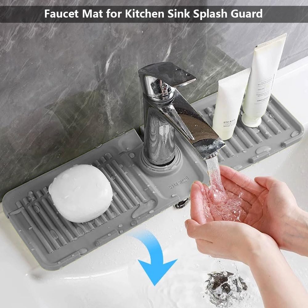 Silicone Kitchen Sink Splash Guard Mat - Adjustable Faucet Hole, Water Catcher & Drying Pad For Countertops (Black)