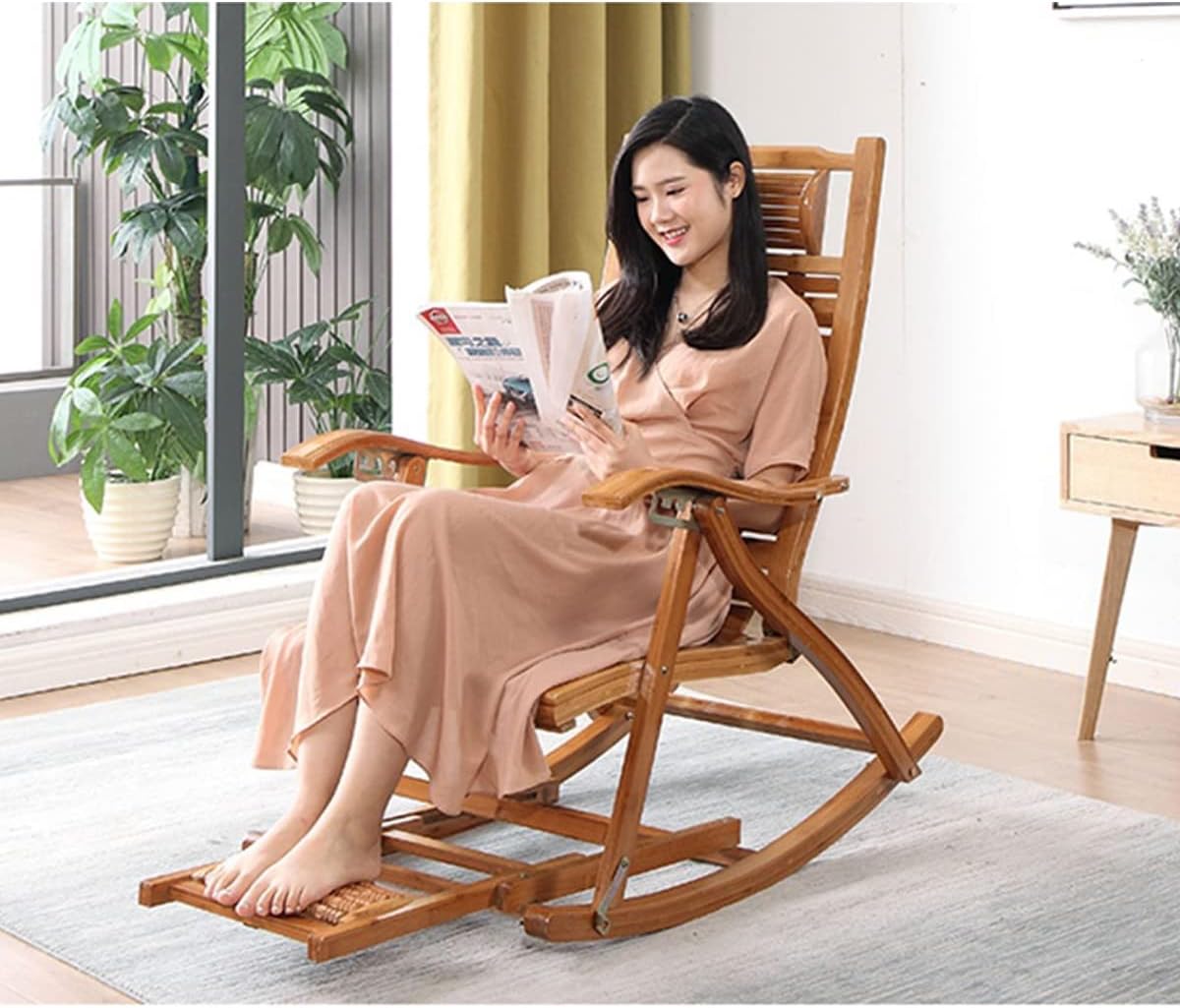 Upholstered Rocking Chair for Nursery, Bamboo Relax Chair Patio Armchair with Removable Upholstery Rocking Chair Lounge Chair for Balcony,Folding Chair with Foot Massage (Purple Short Cushion)