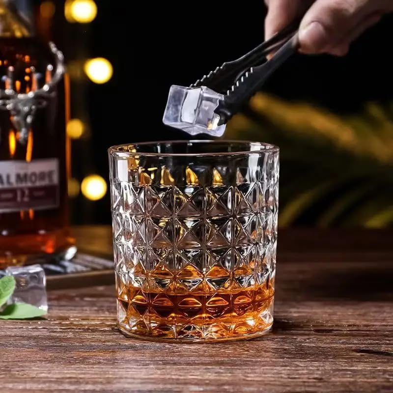 ANKUL Whiskey Glass, Set of 6, 300ML, Crystal Clear, Perfect for Scotch, Whisky, Bourbon, Liquor, Wine, Cocktail Drinks, Stylish Design (6, Checks)