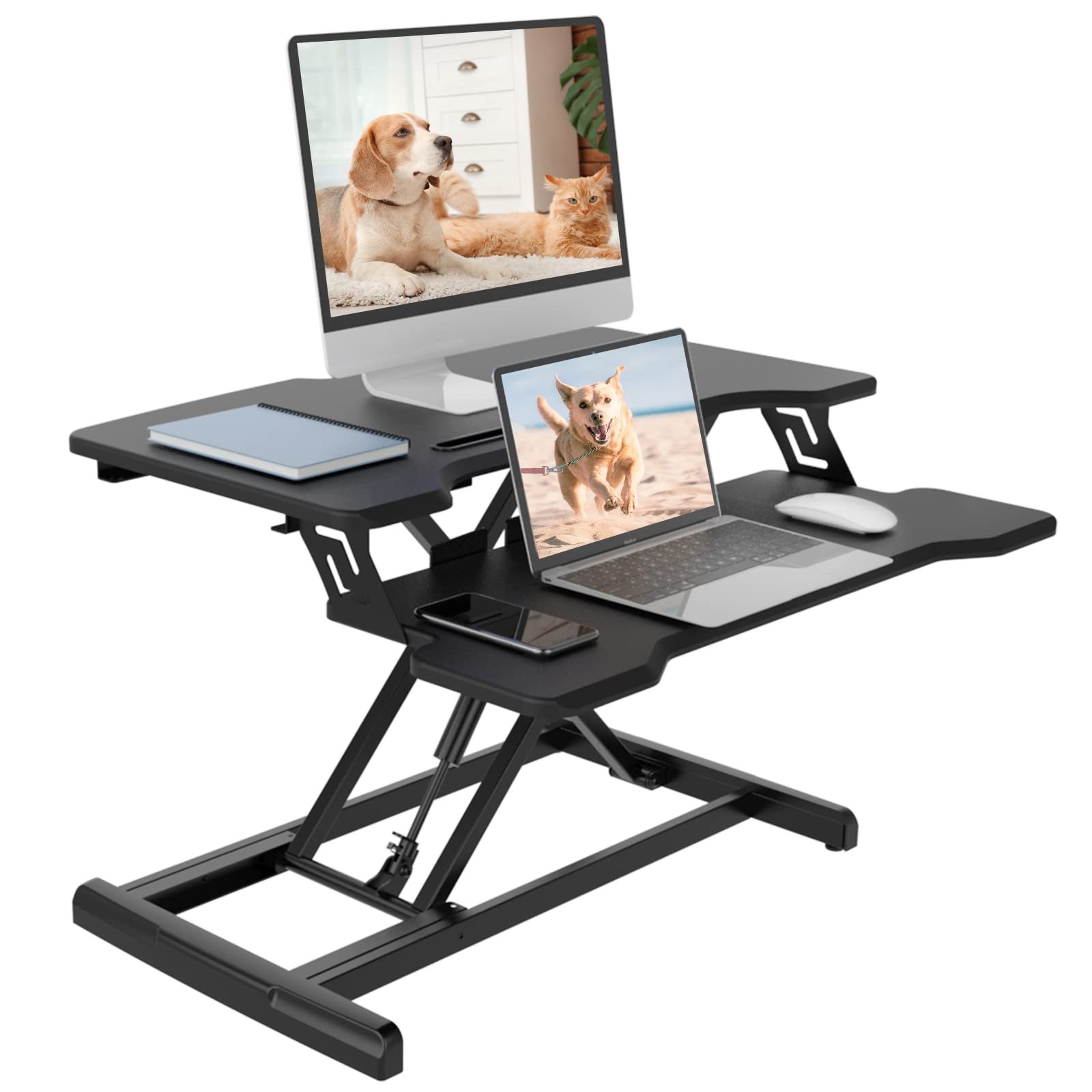 Joy Seeker Standing Desk Converter 30 Inches Stand up Desk Riser, Height Adjustable Dual Tier Sit Stand Tabletop Monitor Riser Workstation for Home Office with Deep Keyboard Tray for Laptop