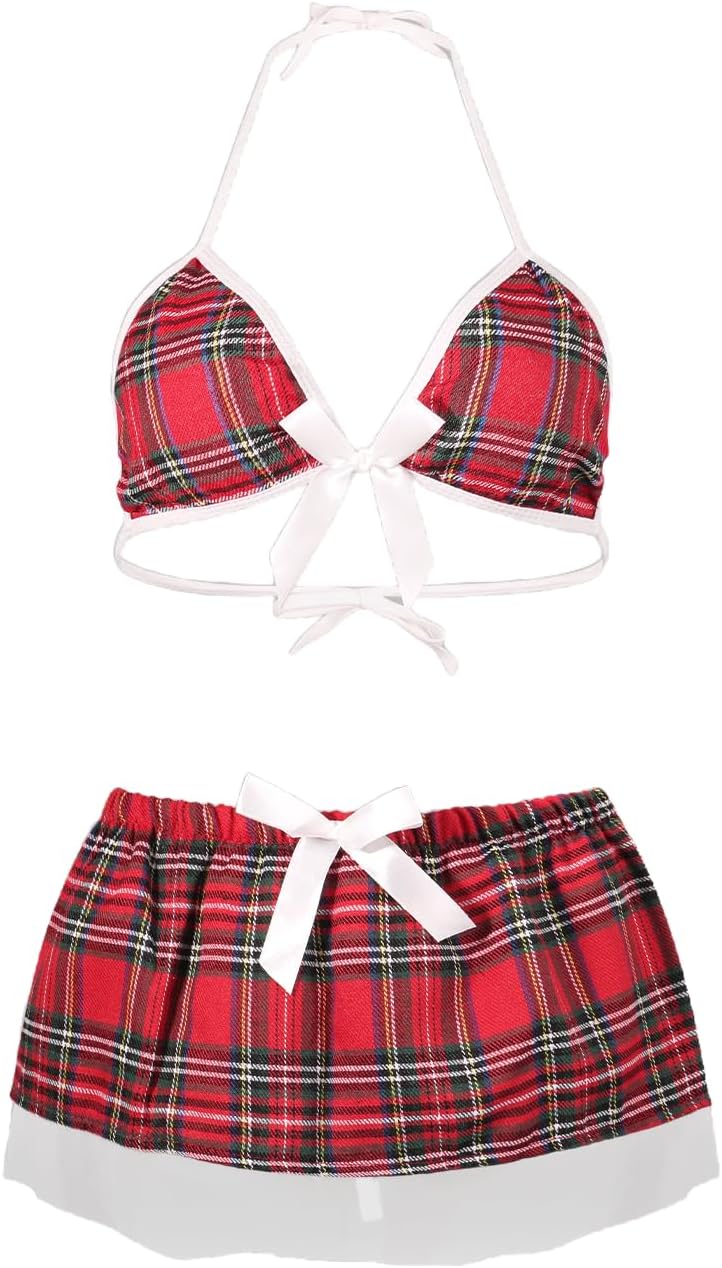 Sexy Lingerie for Women Student Costume Plus Size Cosplay Schoolgirl Outfit Roleplay Halter Top and Mini Plaid Skirt