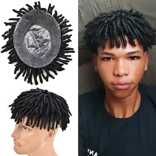 Miniatura 7 de Afro Toupee - Trenzas cortas de ganchillo para hombres negros, sistema de reemplazo de cabello humano virgen brasileño, inyección completa de