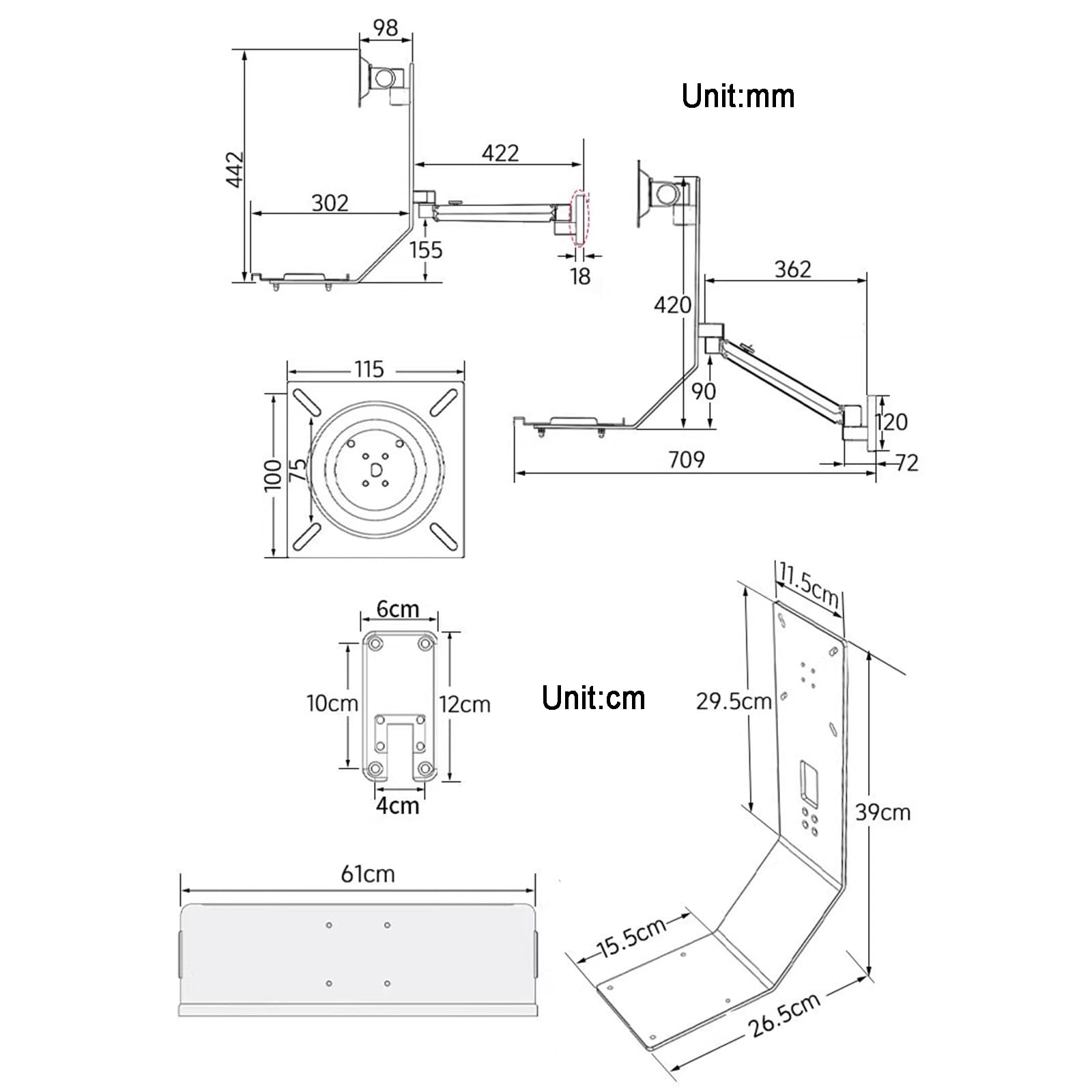 Supporto da Parete per Monitor E Tastiera, Braccio Porta Monitor, Postazione di Lavoro in Piedi/seduti, con Vassoio per Tastiera, Supporto per Schermo di Computer da 17" a 32"