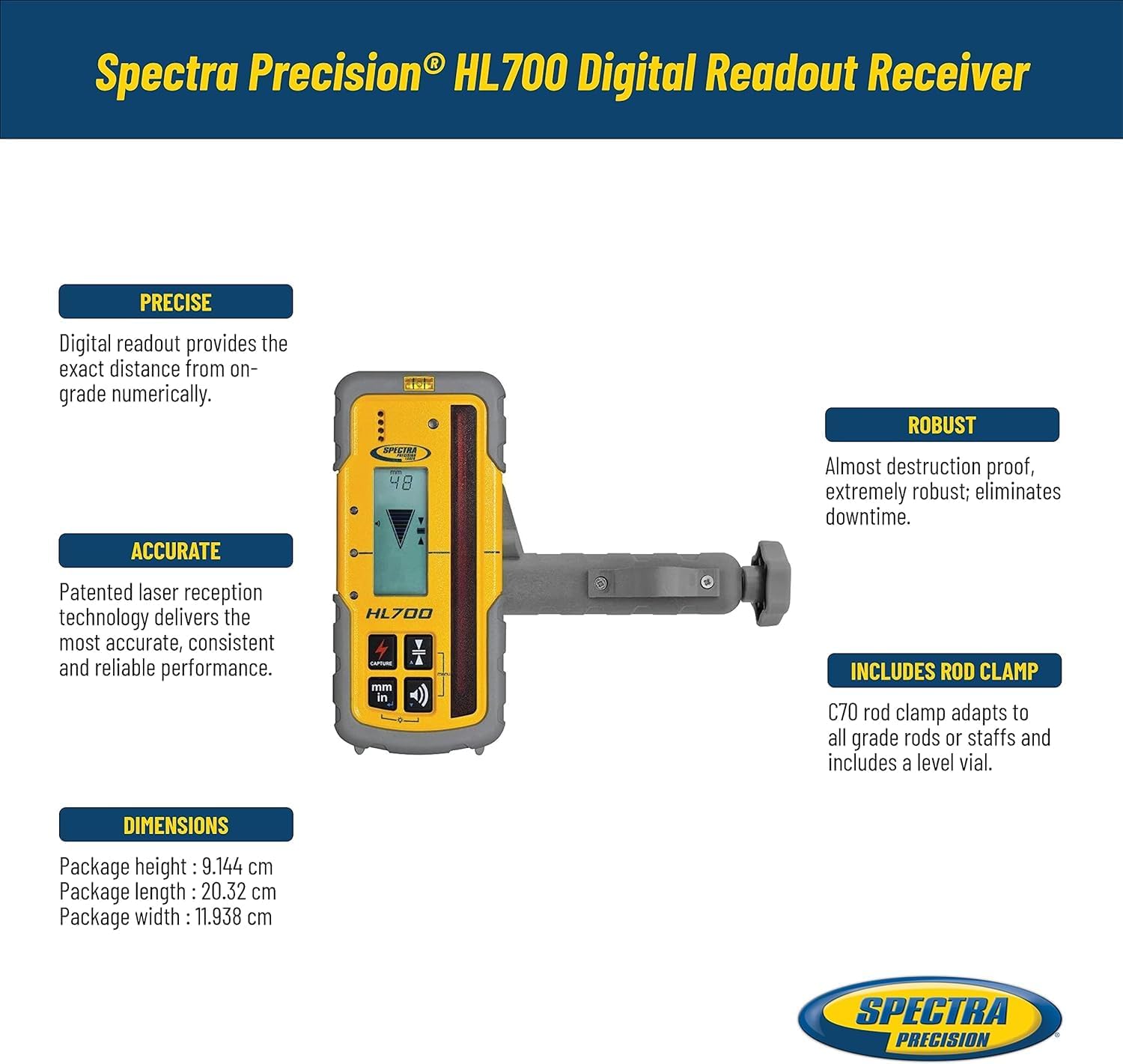 Spectra Precision HL700 Laserometer with Rod Clamp for Rotary Laser Levels, Digital Readout Receiver for Construction Grade Checking, Elevation Control and Survey Layout Applications