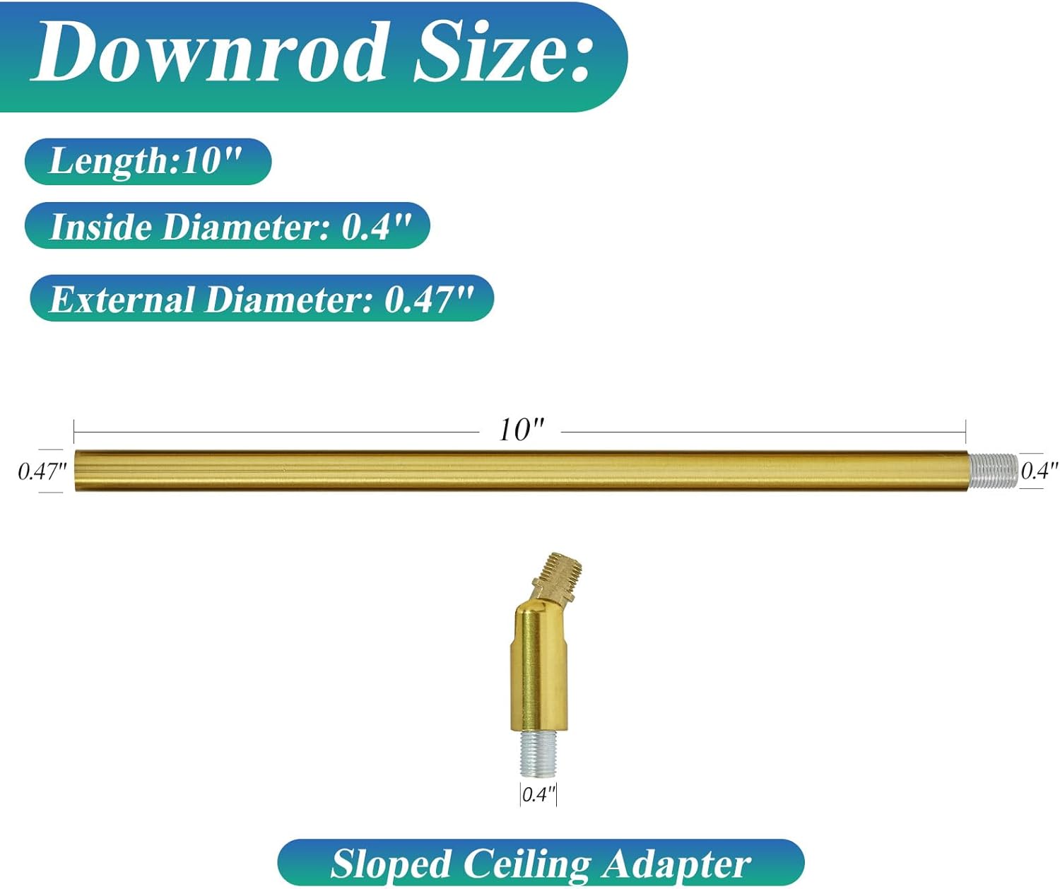 M10 Threaded Extension Rod with Sloped Ceiling Adapter Kits for Pendant Light, Island Lighting, Brass