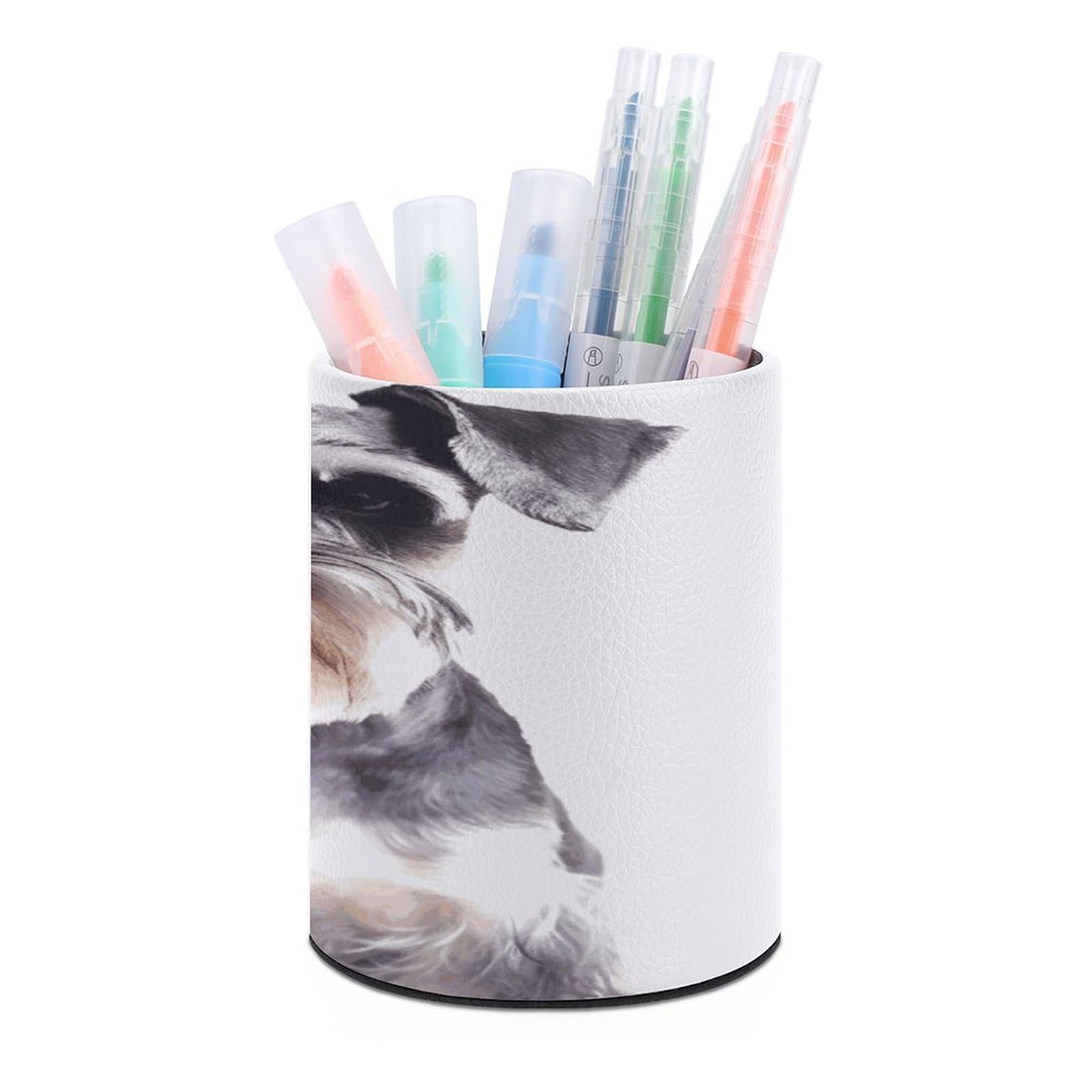 JTREHY Well-behaved Schnauzer Pen Holder Round Pen Pencil Holder Makeup Brush Holders Cup PU Leather Pencil Cups Desktop Caddy Stationery Organizer Case Office Accessories Container Box