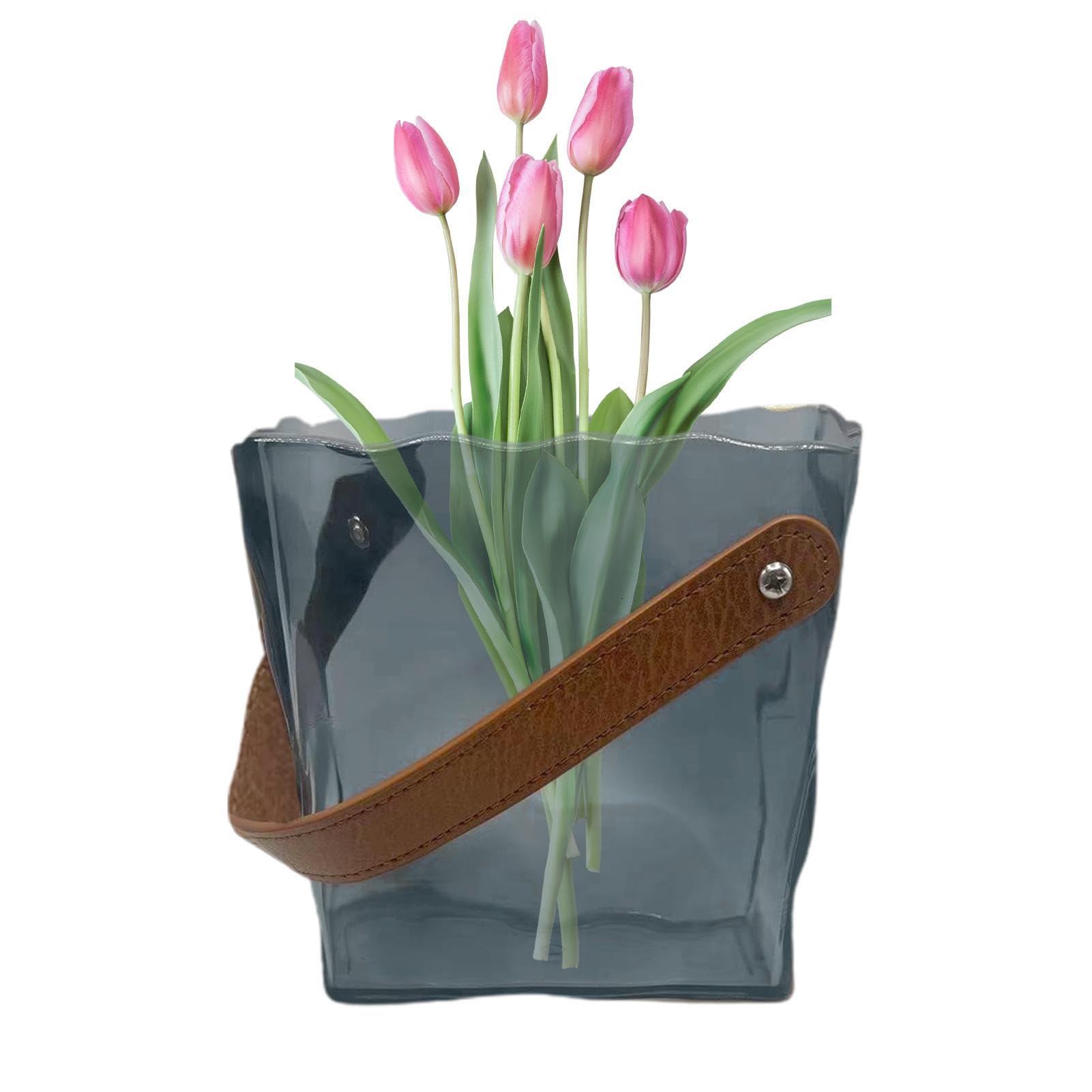 Teksome Dark Gray Purse Vase Flower Handbag, Pleated Handbag Shape Flower Vase With Handle, Unique Bag Vase Handle, Aesthetic Pleated Design, 6.1X5.59 Inches For Centerpieces & Fish Bowl
