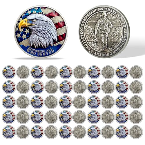 Value Valor Vow 50Pcs Military Challenge Coins Set - Veterans Coin Honoring All Who Served Thank You for Your Service Medallion Military Appreciation Gifts for Men Women Army Veterans Day Gifts Bulk by Value Valor Vow - Used condition - US$54.75