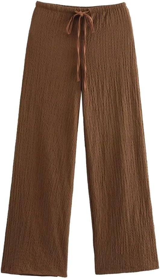 Women's Two-Piece Suit V-Neck Single-Breasted Solid Color Textured Casual Vest High Waist Drawstring Wide-Leg Pants Suit