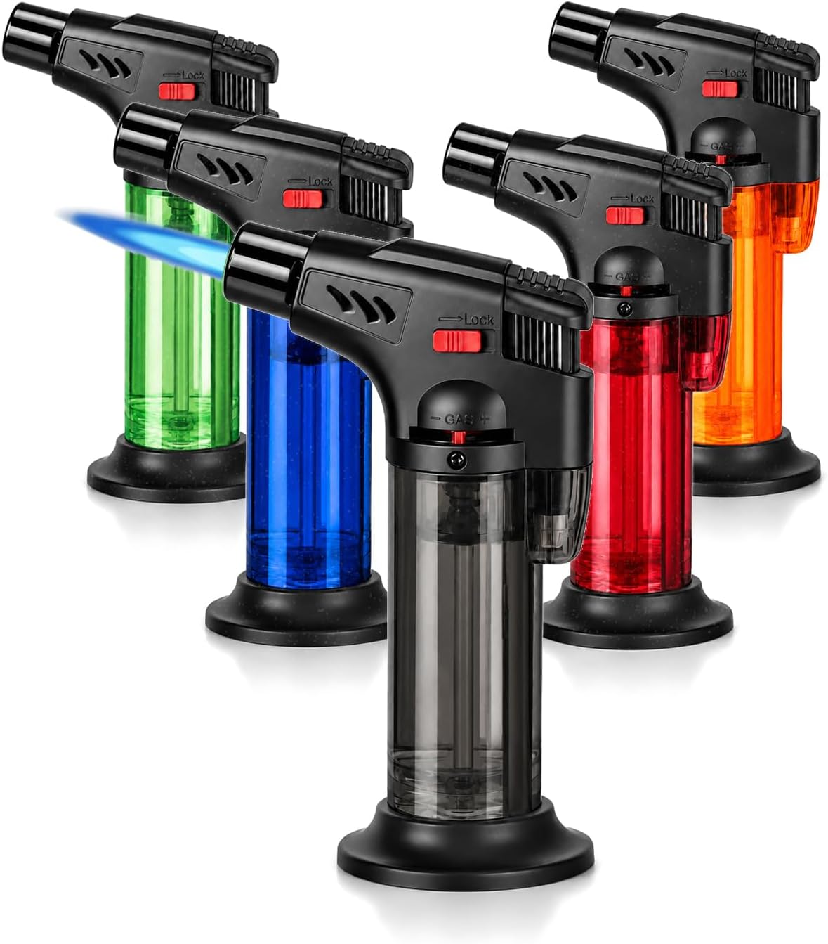 5 Pack Butane Torch Lighters, Refillable, Adjustable Flame, Safety Lock (Without Gas)