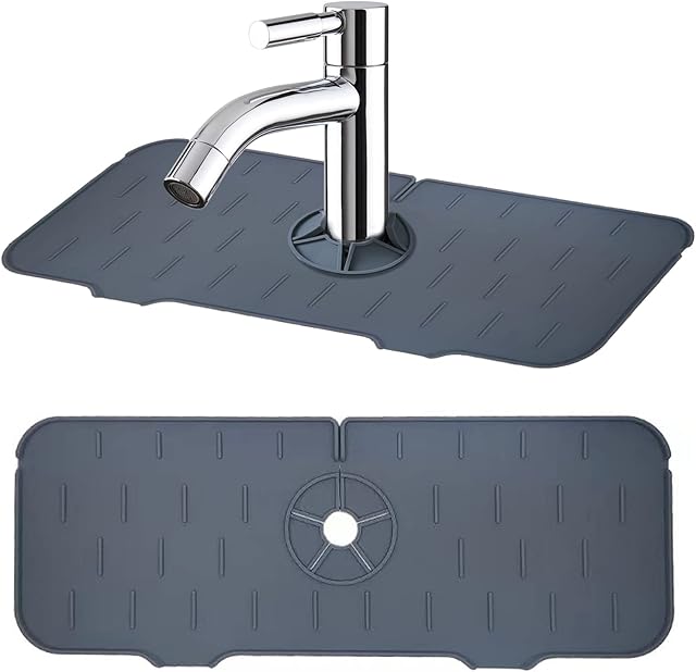 Silicone Faucet Mat, Kitchen Sink Faucet Splash Guard, Bathroom Faucet Water Catcher Mat, Faucet Draining Pad, Soap Sponge Silicone Tray Behind Faucet for Kitchen Bathroom-Gray