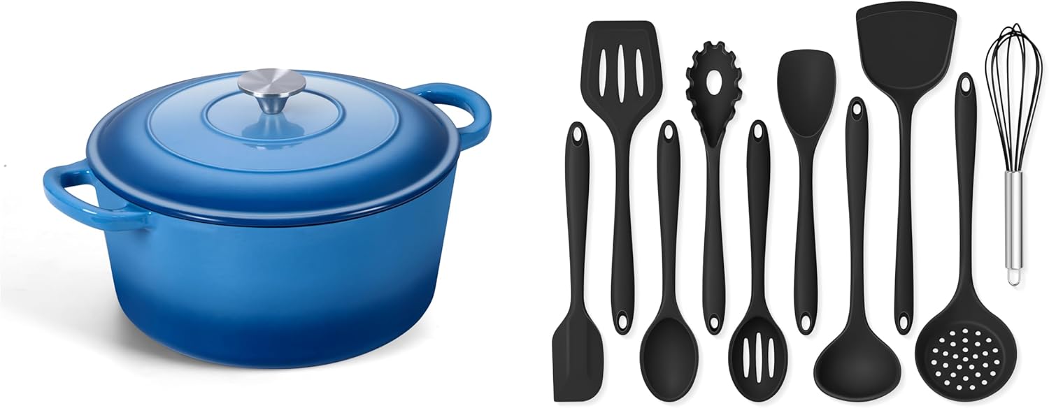 Onader 6QT Enameled Cast Iron Dutch Oven Pot with Lid Round Dutch Oven for Bread Baking and Silicone Cooking Utensils Set 10 Pieces Black Kitchen Utensils for Nonstick Cookware