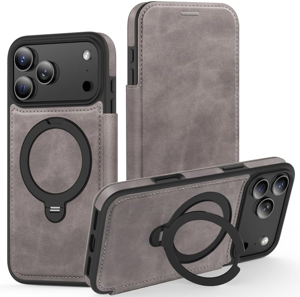 Wallet Case for iPhone 17 Pro Max/17 Pro/17 Air/17,Full Coverage Protection Swivel Magnetic Ring Holder Flip Leather Cover All -Inclusive Mobile Phone Case(Brown,17 Pro Max)