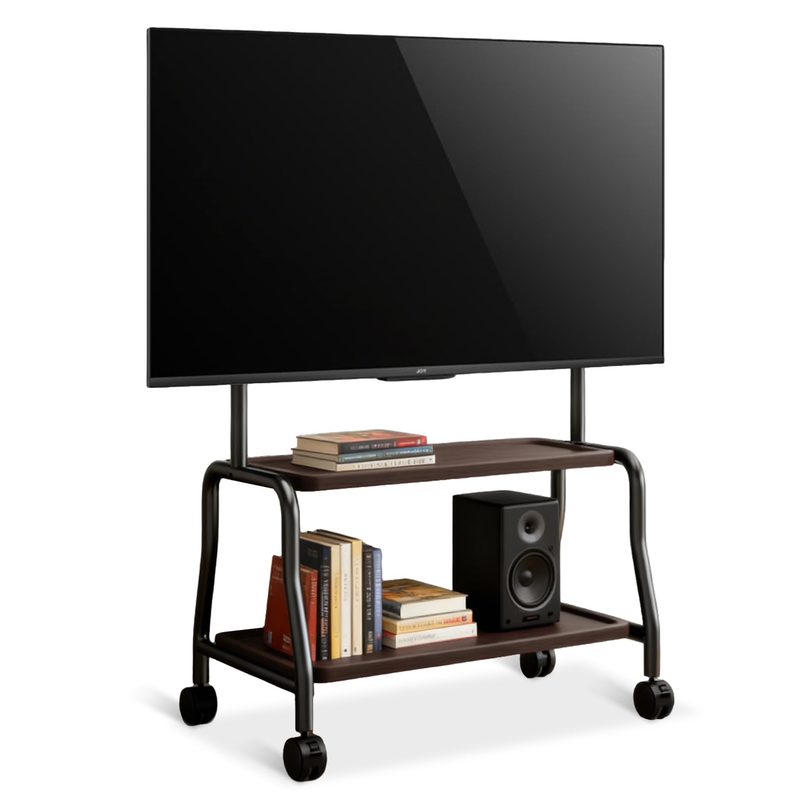 Soporte de TV enrollable para televisores de 32 a 75 pulgadas de hasta 50 kg, soporte de TV con ruedas con estante de madera, soporte de suelo para TV de altura ajustable, máx. VESA 600 x