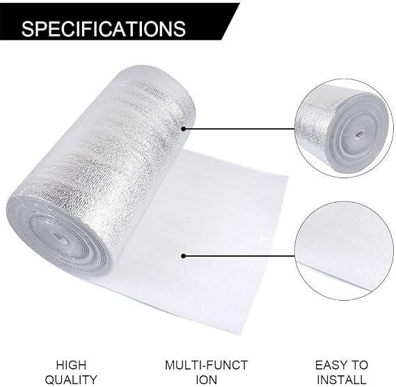 Thermal Insulation Reflective Film Aluminum Foil Heat Barrier for Home Radiators Energy Saving Multi-Function Easy Install 3mm Thick PET Material 10m X 0.5m Roll(30cm*5m)