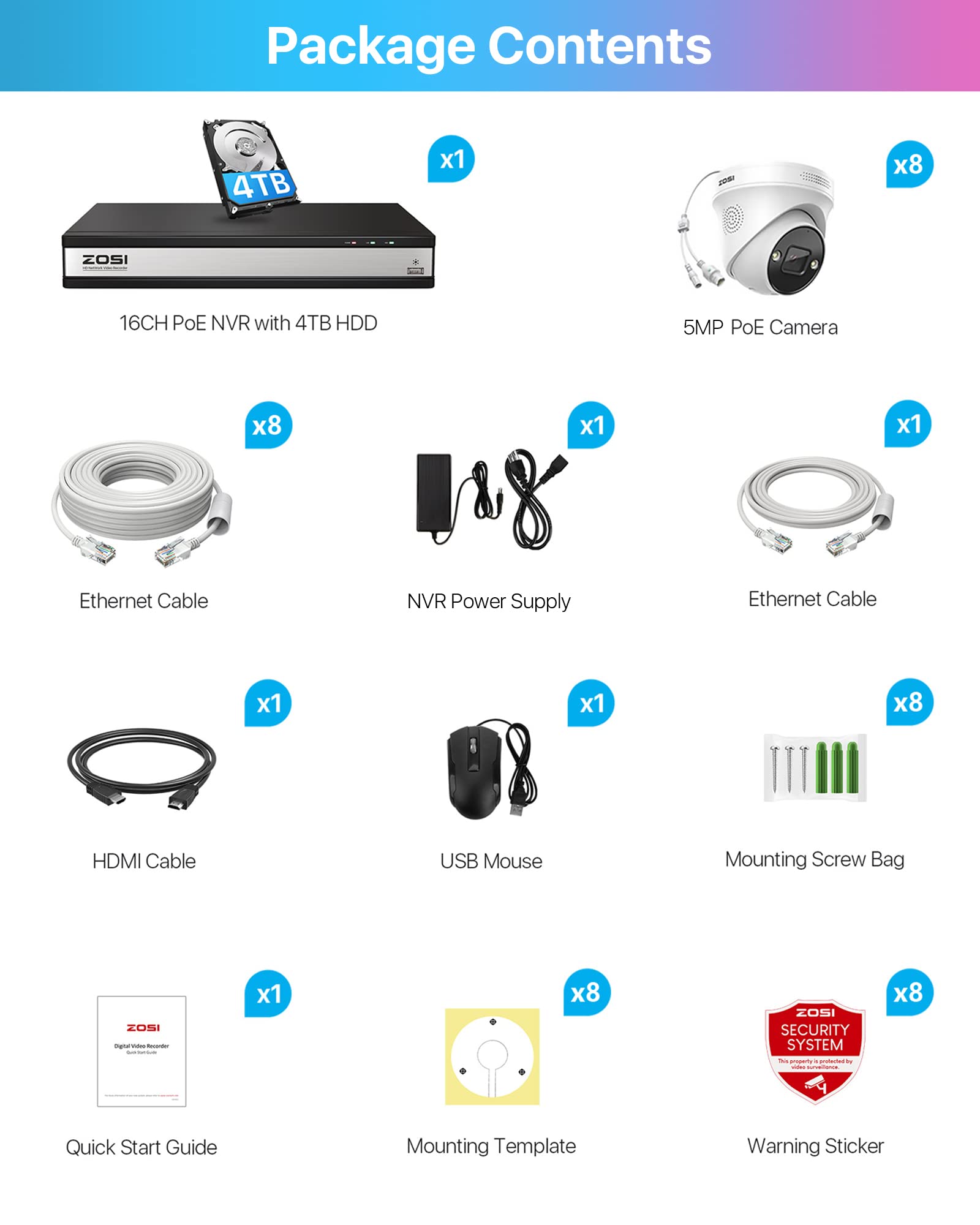 ZOSI 5MP Kit videosorveglianza PoE, 16CH 4K NVR con 4TB HDD, 8x 5MP Telecamera PoE, AI Rilevamento di Persone e Veicoli, Audio Bidirezionale, Visione Notturna a Colori, C225