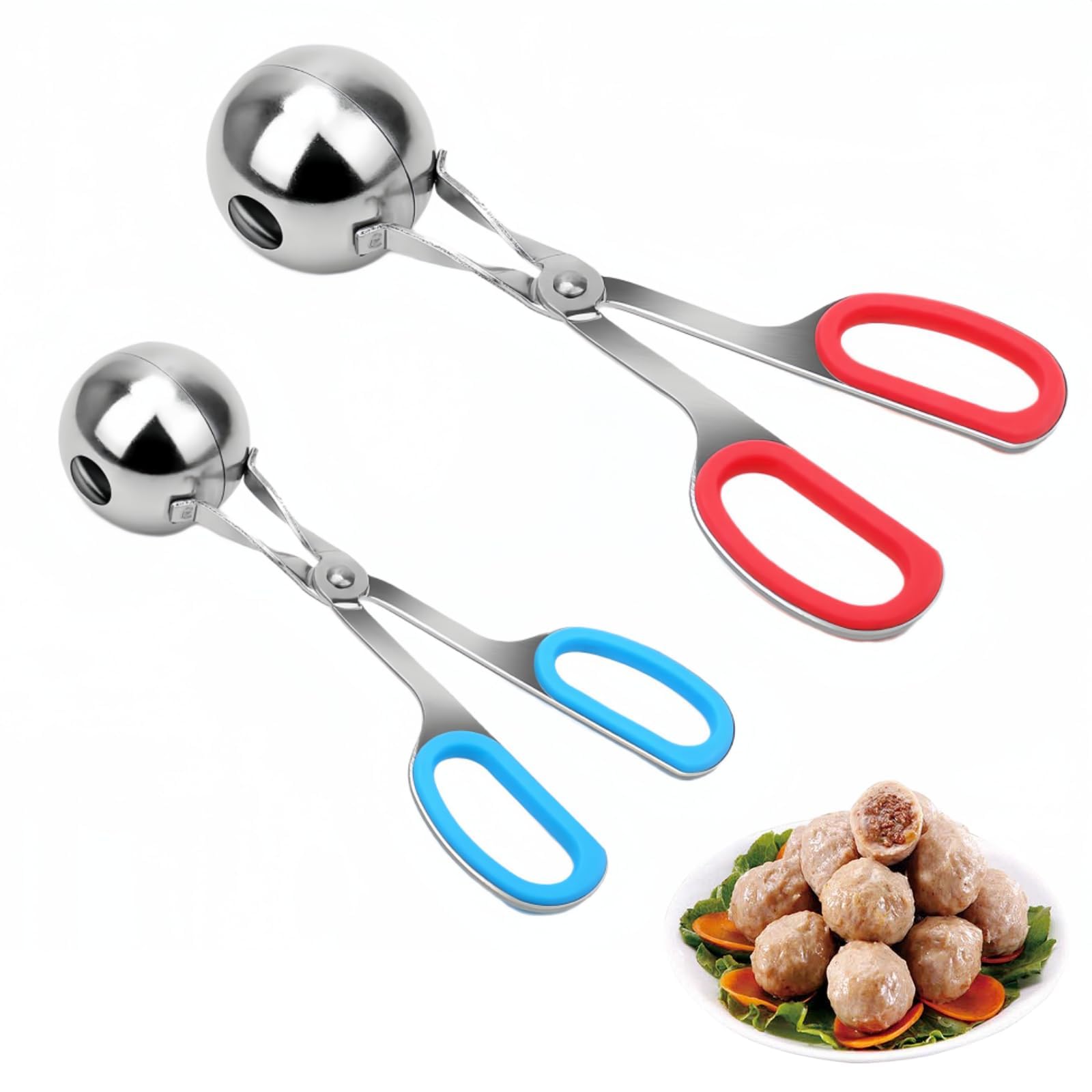 NALACAL None-Stick Meatball Maker, Meat Baller Stainless Steel, with Detachable Anti-Slip Handles, Meat Baller Scoops for Kitchen Large and Small Rubber Handles, Cake Pop, Ice Tongs (2 Pcs)
