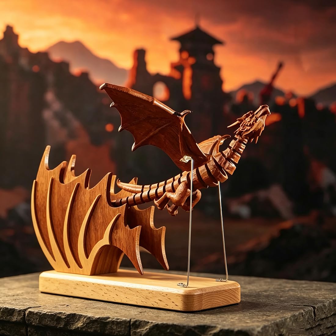 Scultura a forma di drago in legno, creature gotiche mobili come modello da
