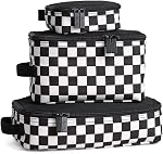 Itzy Ritzy Packing Cubes for Travel – Set of 3 Packing Cubes or Travel Organizers; Each Cube Features a Mesh Top, Double Zippers and a Fabric Handle (Black & White Checkerboard)