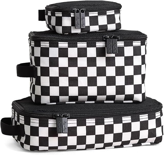 Itzy Ritzy Packing Cubes for Travel – Set of 3 Packing Cubes or Travel Organizers; Each Cube Features a Mesh Top, Double Zippers and a Fabric Handle (Black & White Checkerboard)