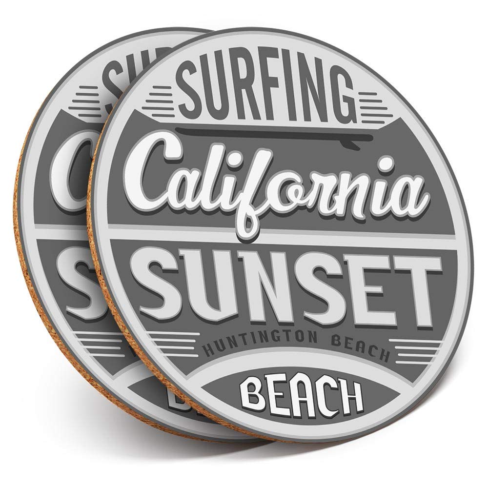 2 x Round Coasters - Huntington Beach Surfing California - Cork Backed Home Kitchen Accessory Tea Coffee Mug Mat #40585