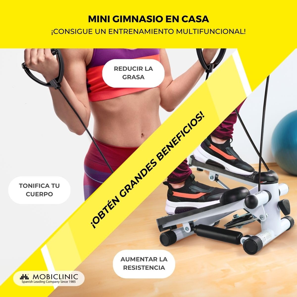 Mobiclinic® Fitness, Stepper, 2 en 1, Cuerdas de Resistencia, Multifunción, Brazos y piernas, Pantalla LCD, Carga 100 kg, Compacto, Gym casa, Altura Ajustable