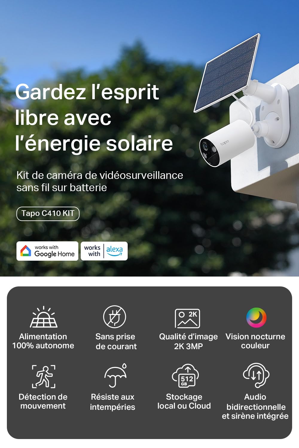 Tapo C410 KIT 2K(3MP) Caméra de Surveillance WiFi Extérieure sans Fil Solaire, IP65 Etanche