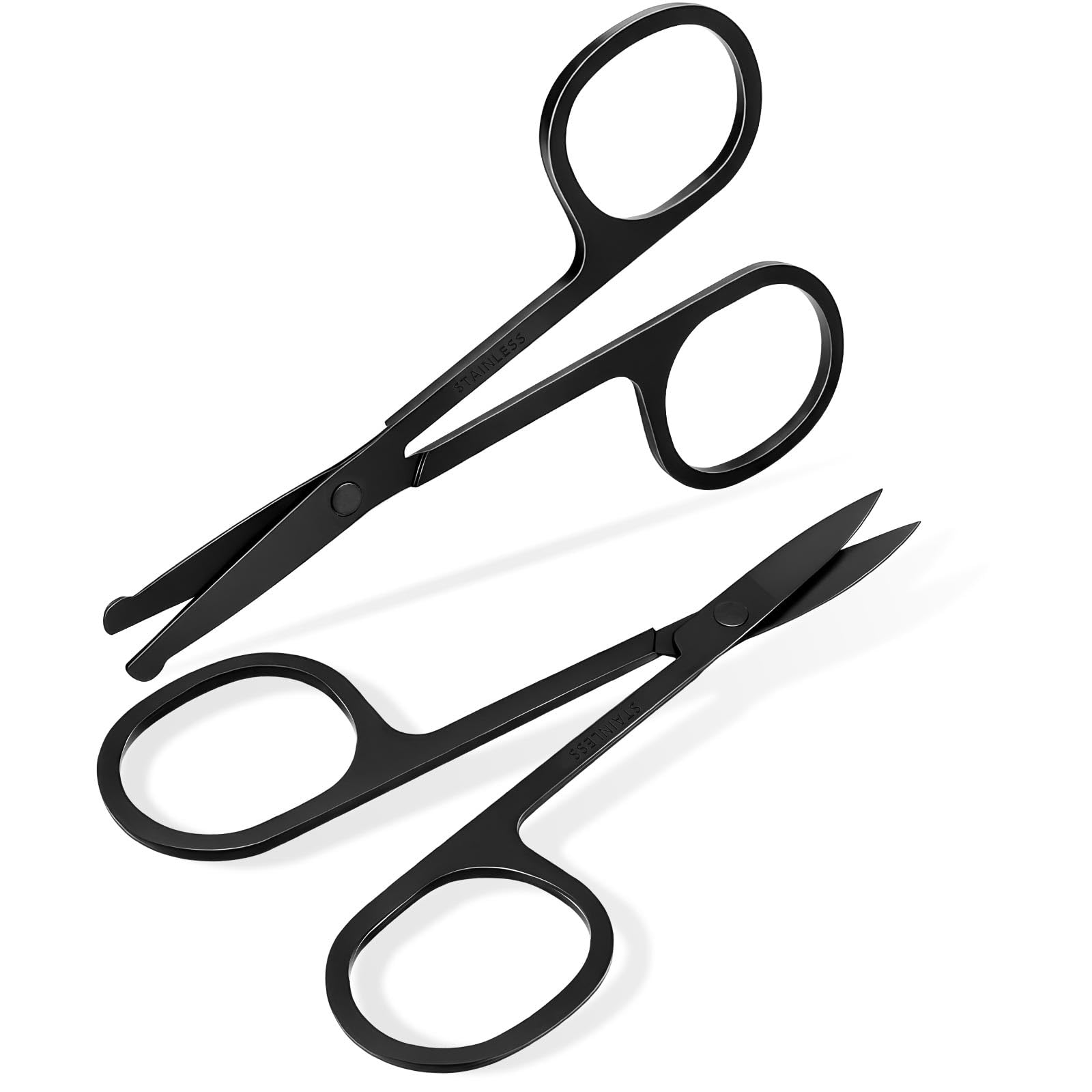 Brillirare Black 2 Pack Facial Hair Grooming Scissors, Small Nose Scissor, Professional Trimming Mini Stainless Steel, Curved Rounded Pointed Scissor For Eyebrows, Nose, Mustache, Beard, Eyelashes