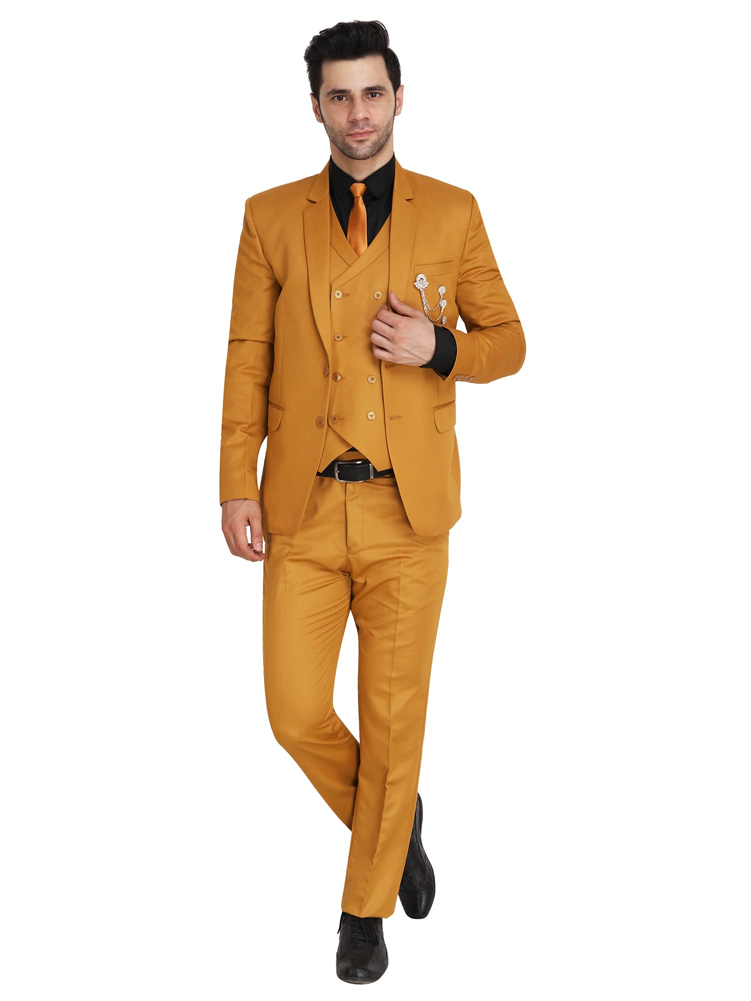 VYOM Enterprise Men's Slim Fit Tuxedo 3 Pieces Suit Set Notch Lapel Suit with Double Breasted Waistcoat Crocodile (34, Mustard Color)-picture-39