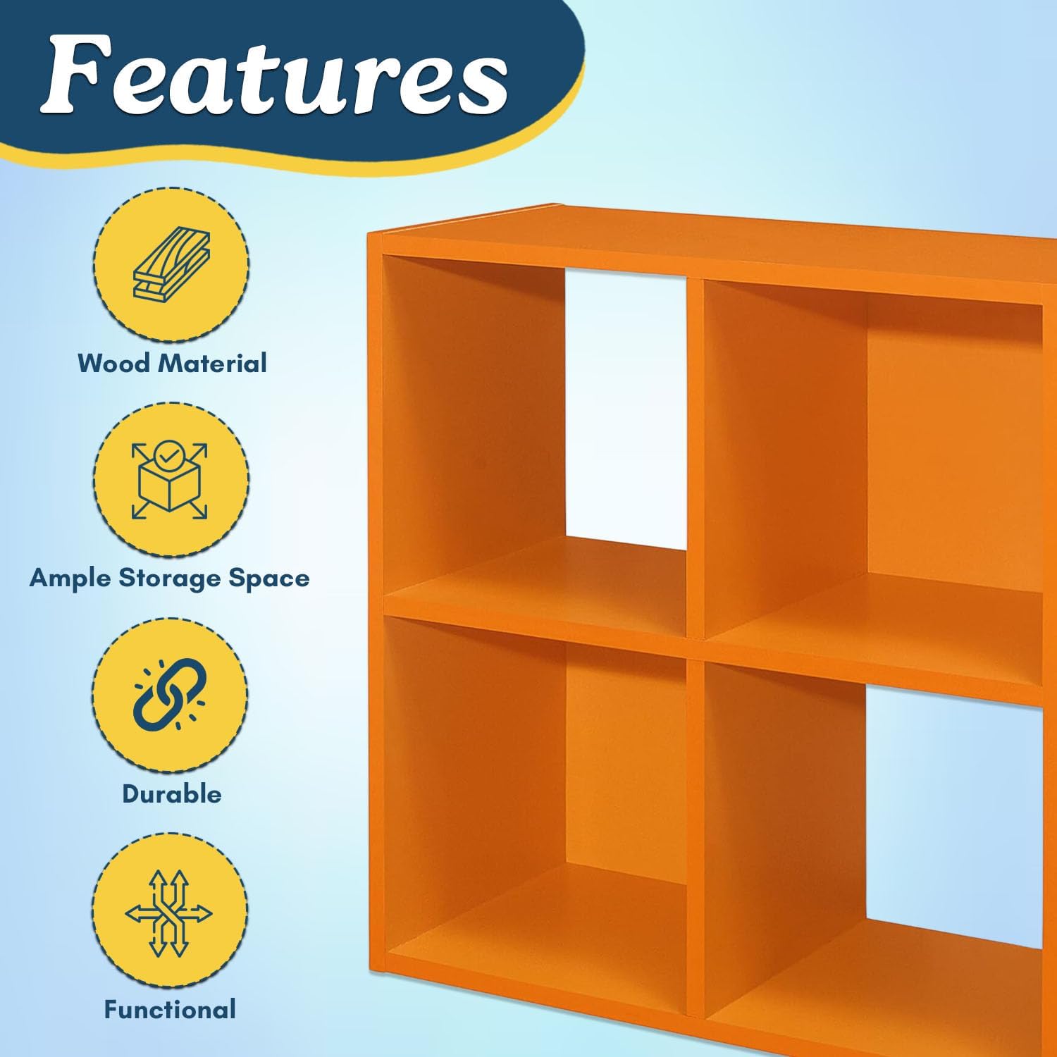 Kings Brand Furniture - 4-Cube Children's Bookcase, Kids Toy Storage Shelf Organizer for Playroom, Bedroom, Nursery School, Orange