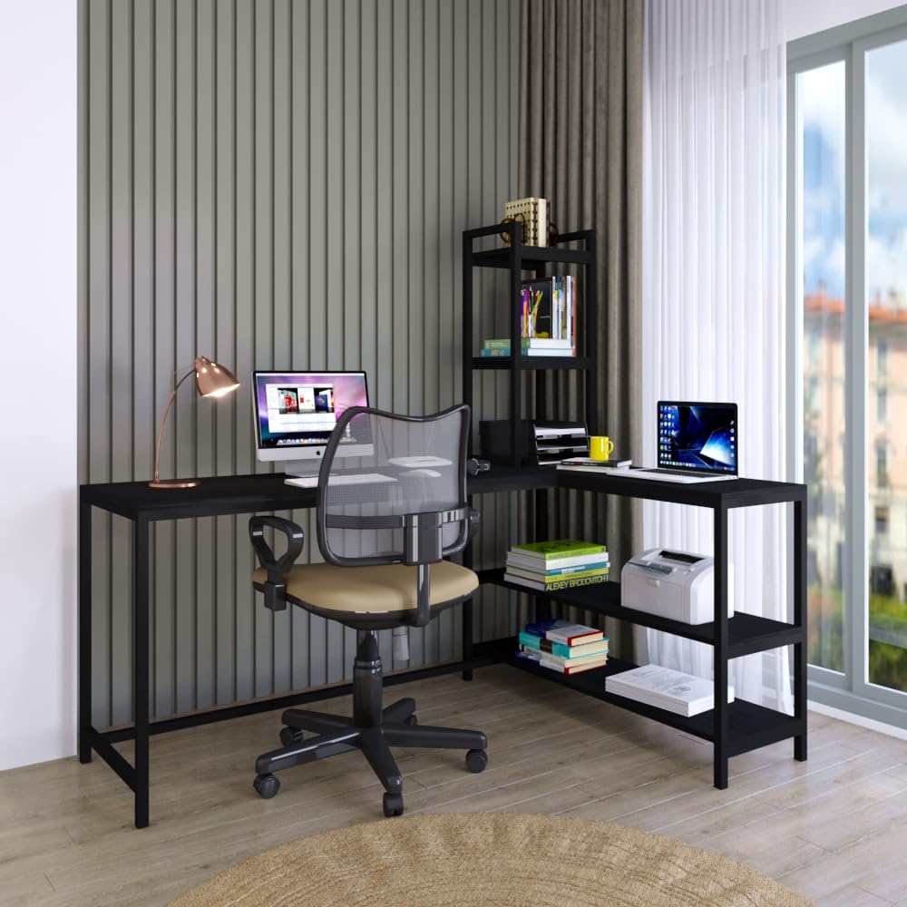 Klaxon L Shaped Study Table for Students and Adults, Corner Computer Desk with Tower Shelf, Home Office and Gaming, Wood and Metal Frame, 162.5 x 112.5 cm, Full Black, DIY (English Black WOI)