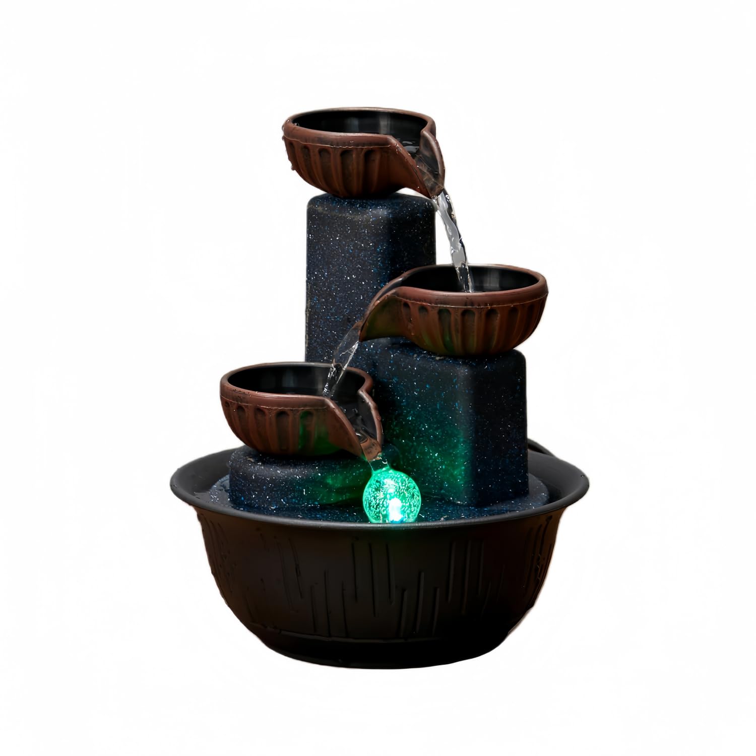 Desktop Water Fountain for Home, 3-Tier Tabletop Water Fountain with Warm Ambient Light, Cascading Waterfall Design, Compact Indoor Desk Decor, 8.3 x 6.3 Inch, Brown